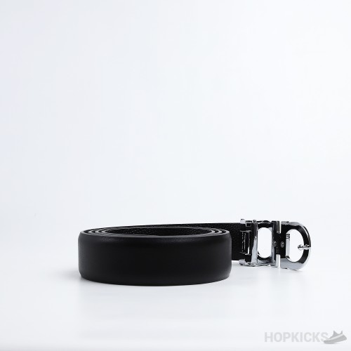 F*rragamo Gancini Silver Logo Buckle Black Leather Belt